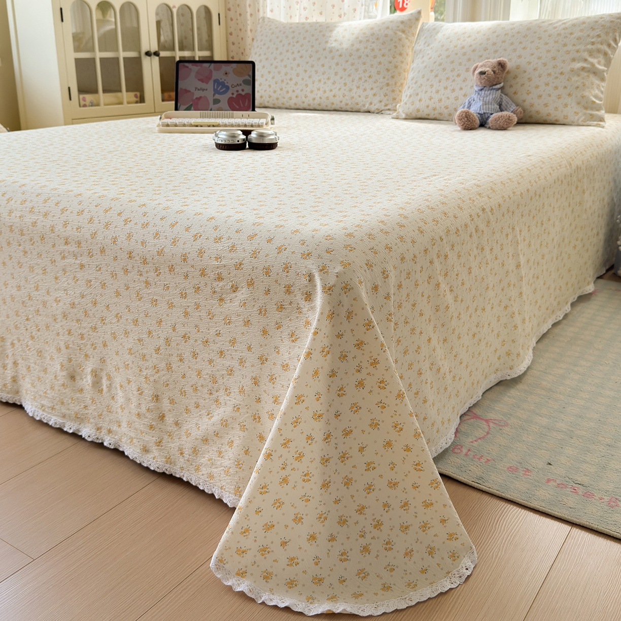 91家纺网 家纺一手货源 找家纺 沐芷 2025 A类双层纱花边床单单件 单人双人床单三件套 橘子海