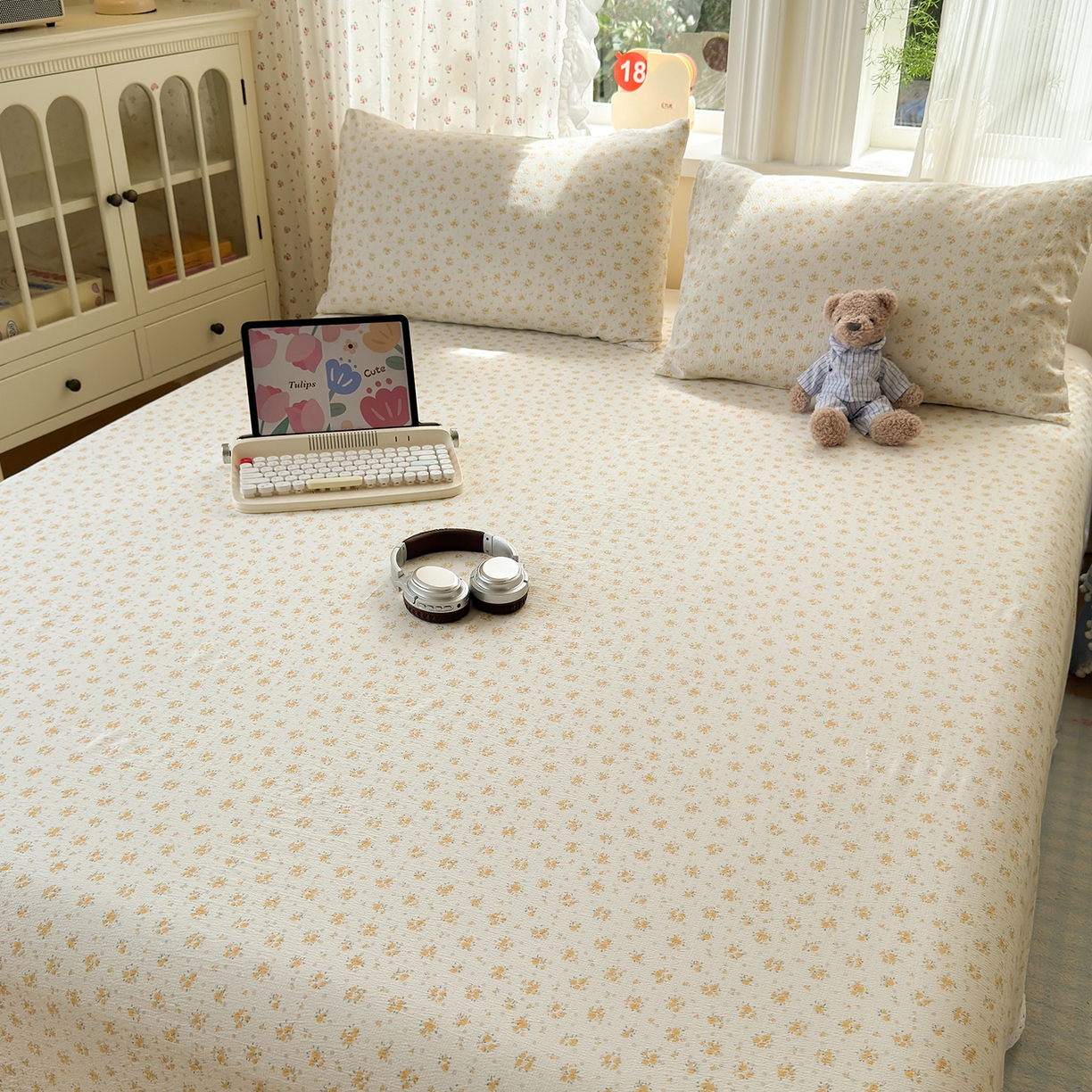 91家纺网 家纺一手货源 找家纺 沐芷 2025 A类双层纱花边床单单件 单人双人床单三件套 橘子海