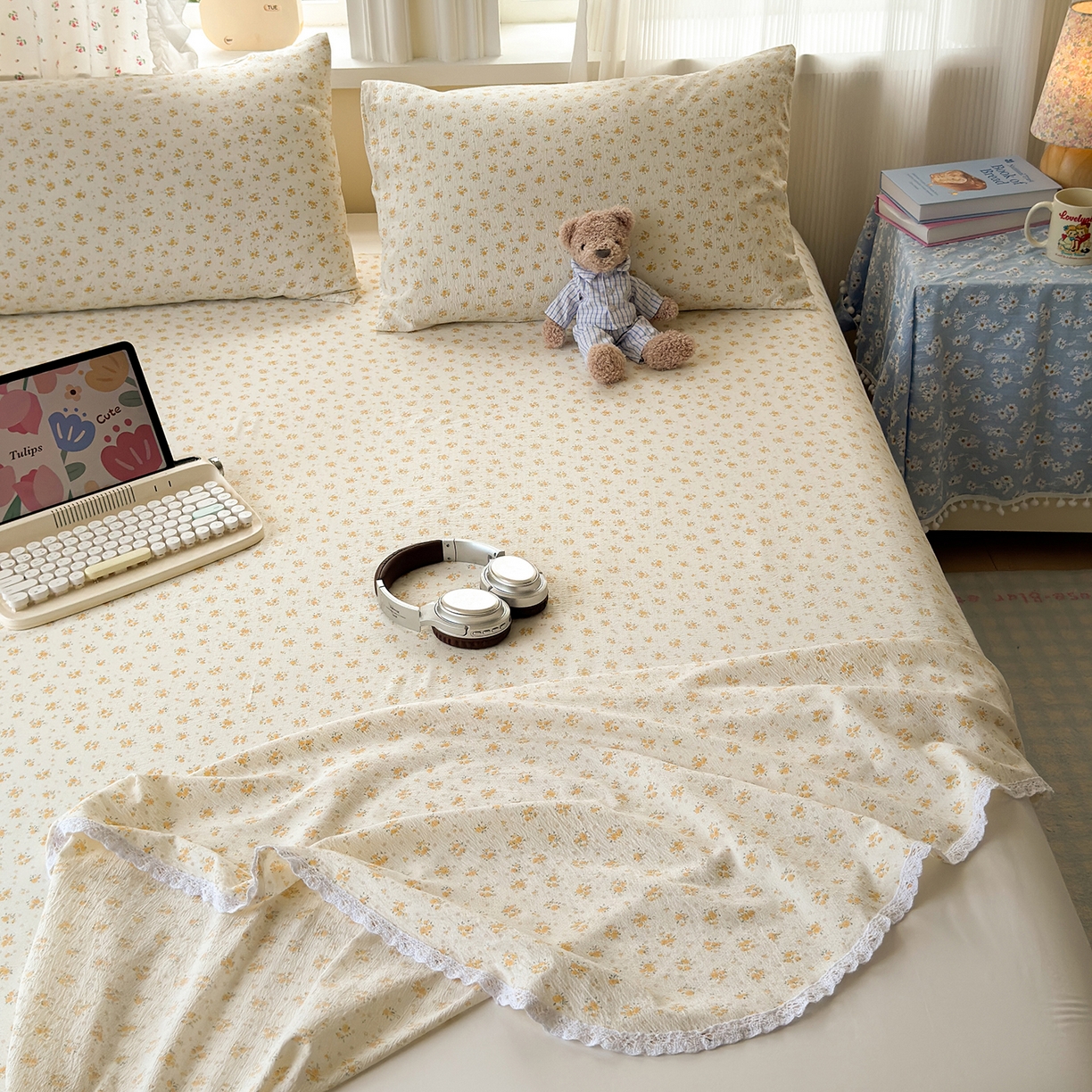 91家纺网 家纺一手货源 找家纺 沐芷 2025 A类双层纱花边床单单件 单人双人床单三件套 橘子海