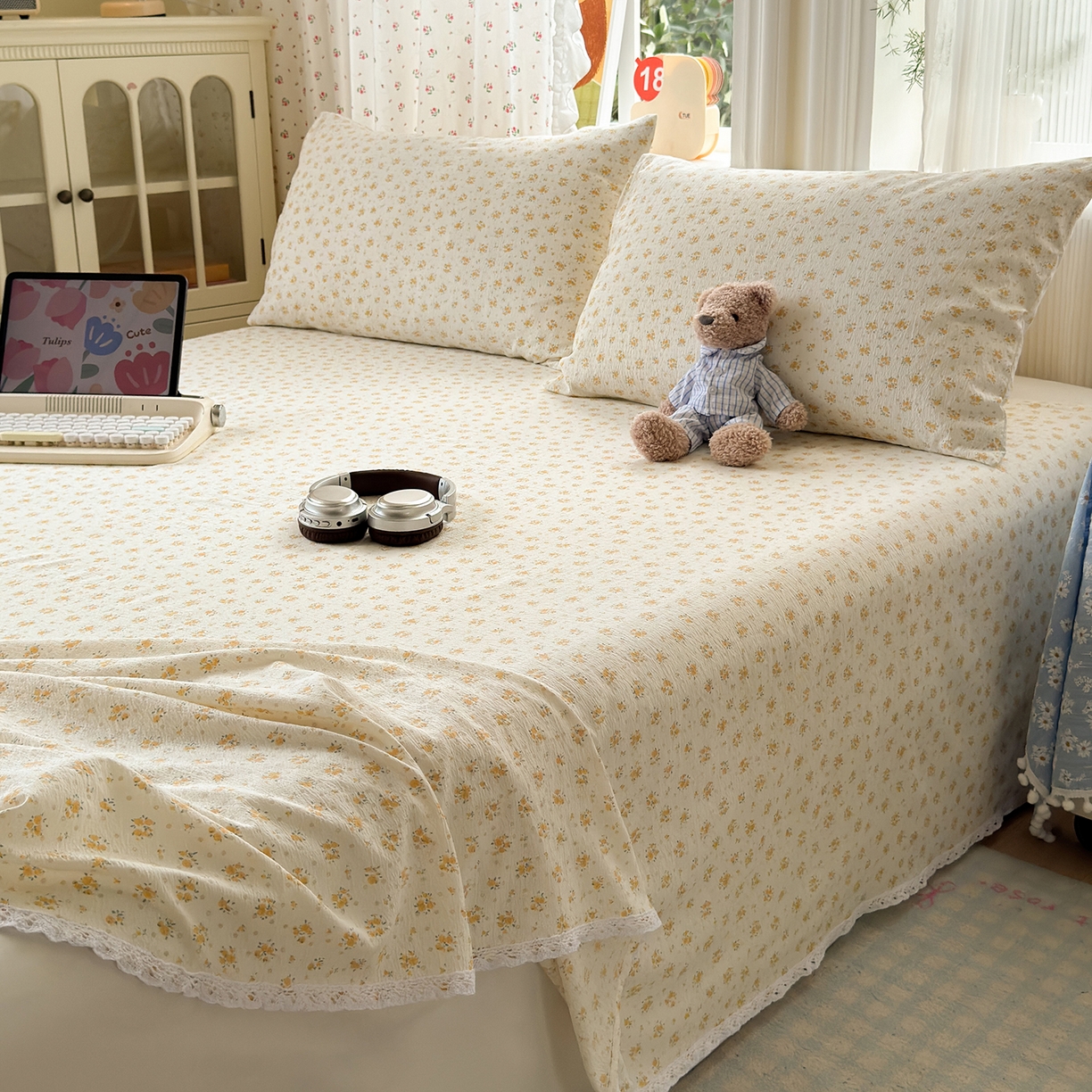 91家纺网 家纺一手货源 找家纺 沐芷 2025 A类双层纱花边床单单件 单人双人床单三件套 橘子海