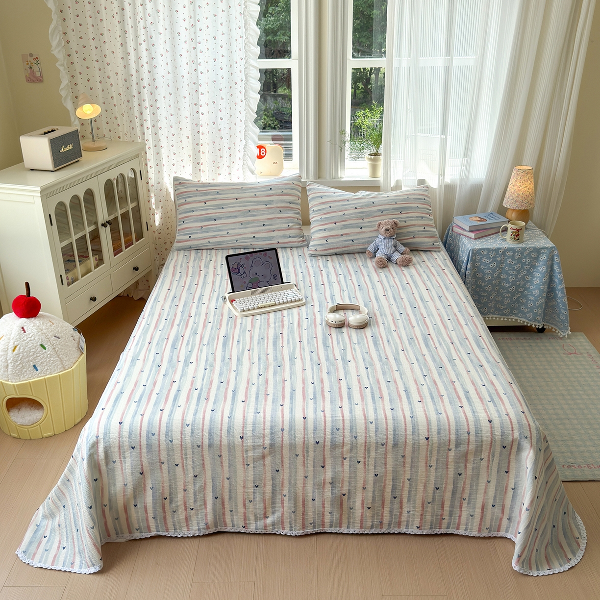 91家纺网 家纺一手货源 找家纺 沐芷 2025 A类双层纱花边床单单件 单人双人床单三件套 疏影之心