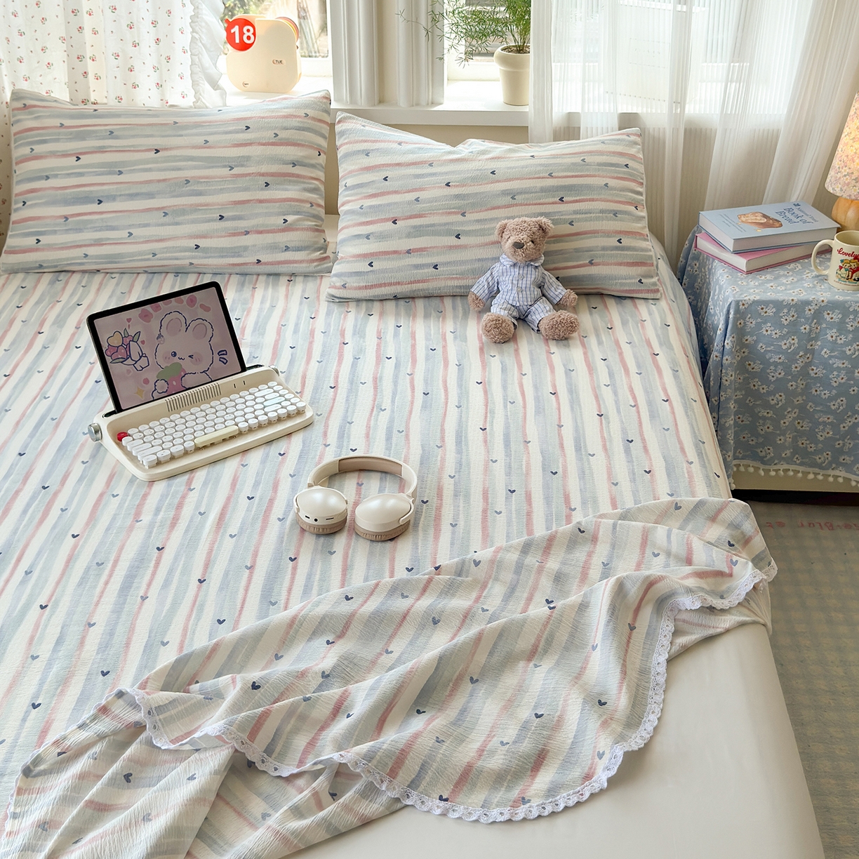 91家纺网 家纺一手货源 找家纺 沐芷 2025 A类双层纱花边床单单件 单人双人床单三件套 疏影之心