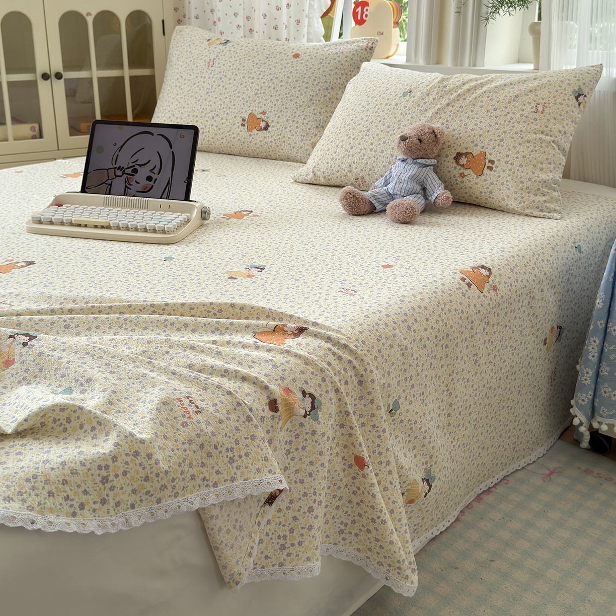 91家纺网 家纺一手货源 找家纺 沐芷 2025 A类双层纱花边床单单件 单人双人床单三件套 星砂入梦