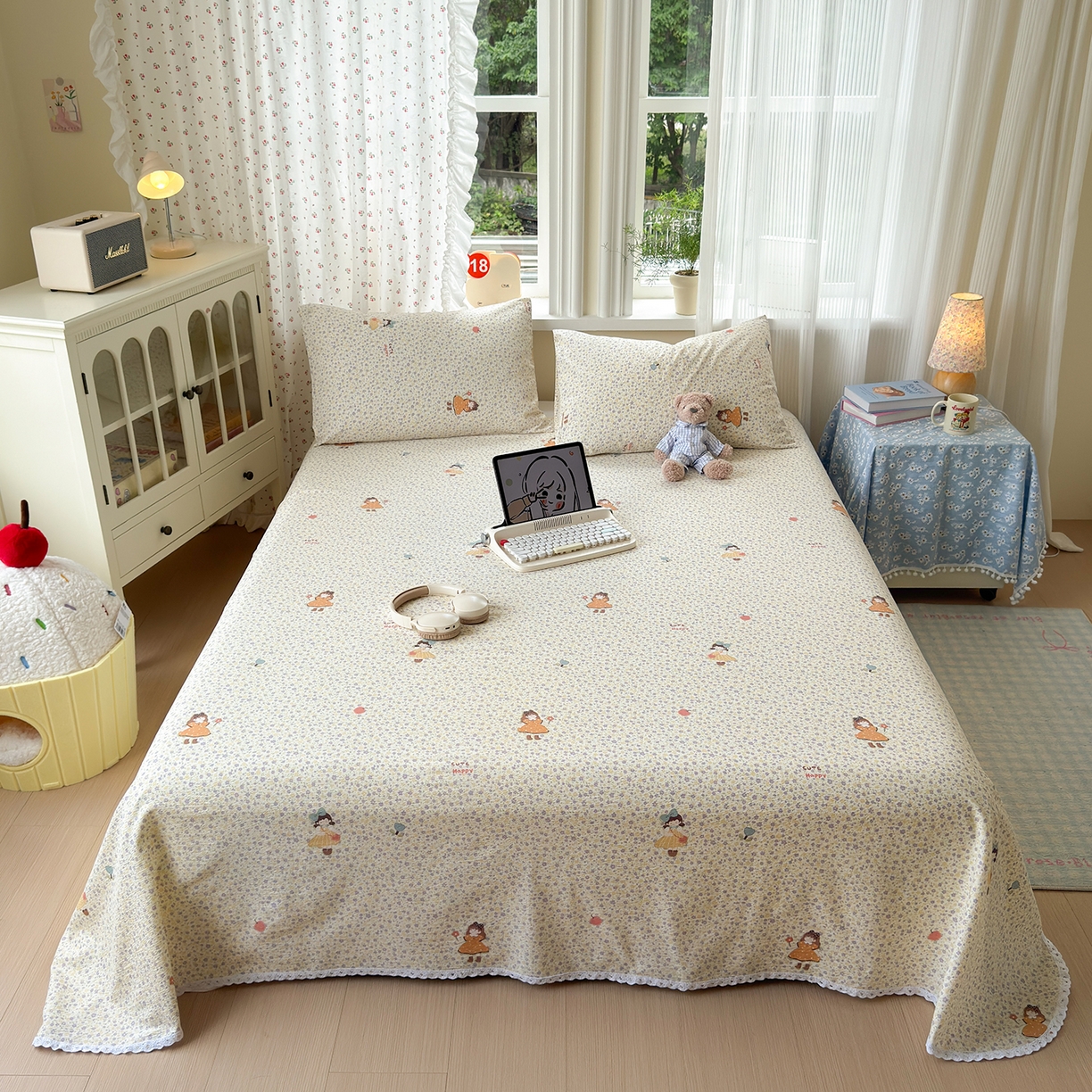 91家纺网 家纺一手货源 找家纺 沐芷 2025 A类双层纱花边床单单件 单人双人床单三件套 星砂入梦