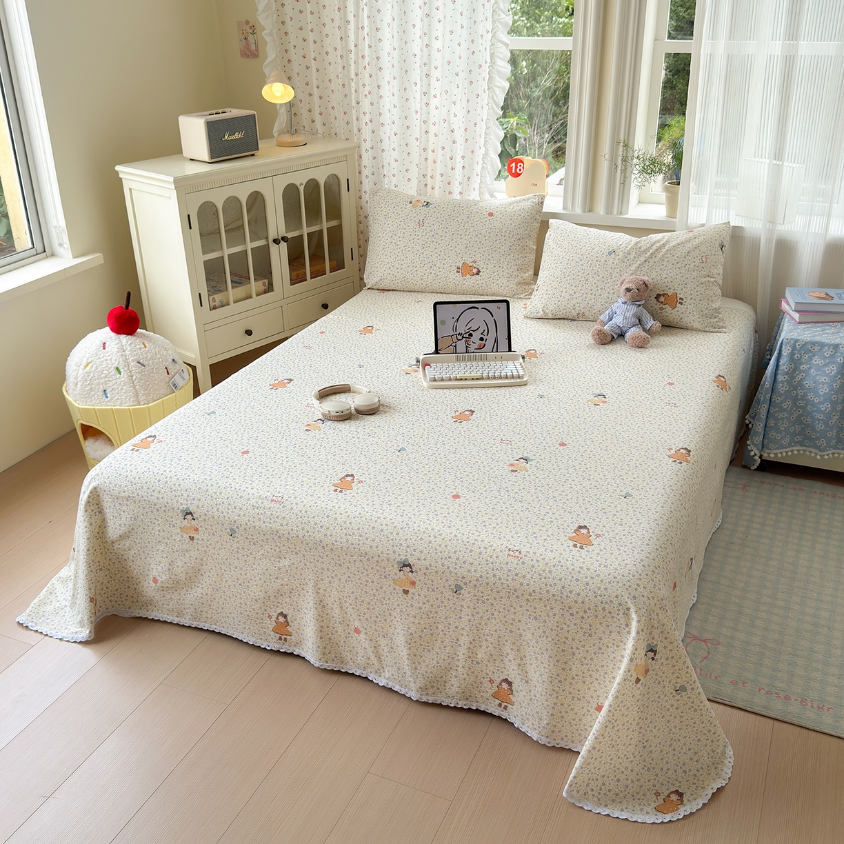 91家纺网 家纺一手货源 找家纺 沐芷 2025 A类双层纱花边床单单件 单人双人床单三件套 星砂入梦