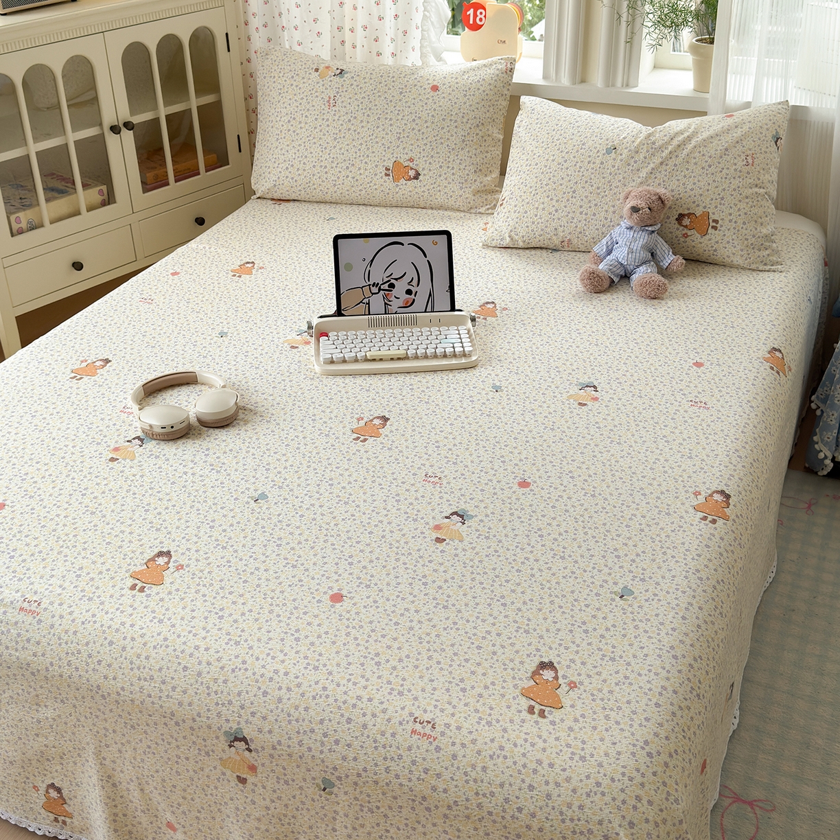 91家纺网 家纺一手货源 找家纺 沐芷 2025 A类双层纱花边床单单件 单人双人床单三件套 星砂入梦