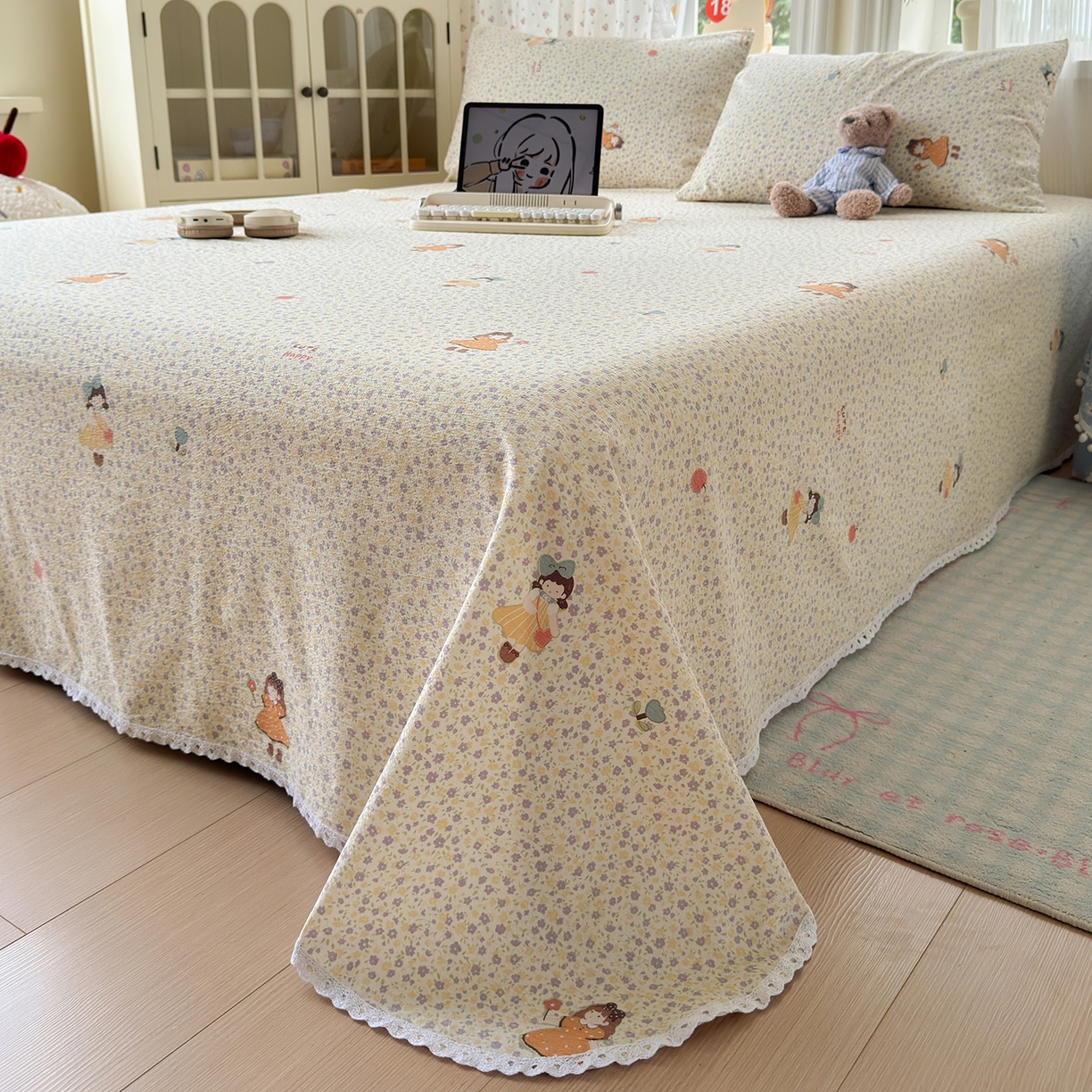 91家纺网 家纺一手货源 找家纺 沐芷 2025 A类双层纱花边床单单件 单人双人床单三件套 星砂入梦