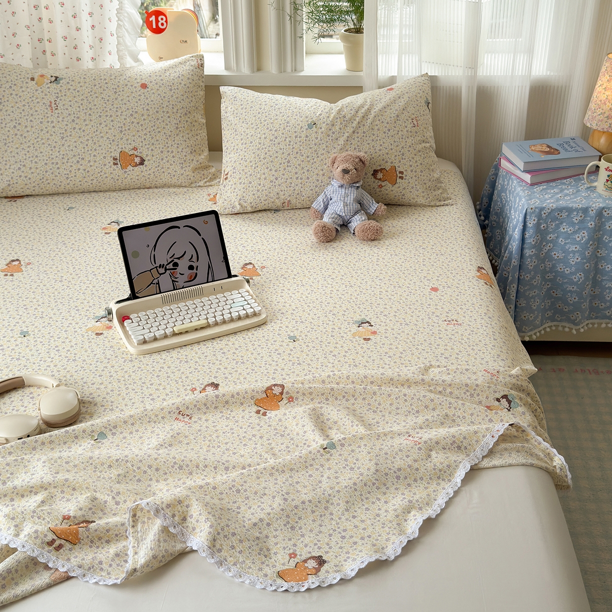 91家纺网 家纺一手货源 找家纺 沐芷 2025 A类双层纱花边床单单件 单人双人床单三件套 星砂入梦