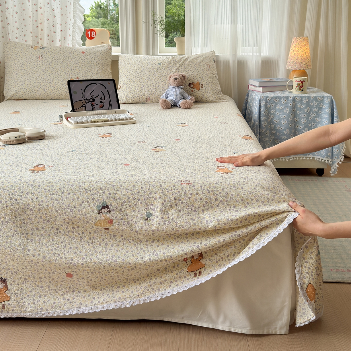 91家纺网 家纺一手货源 找家纺 沐芷 2025 A类双层纱花边床单单件 单人双人床单三件套 星砂入梦