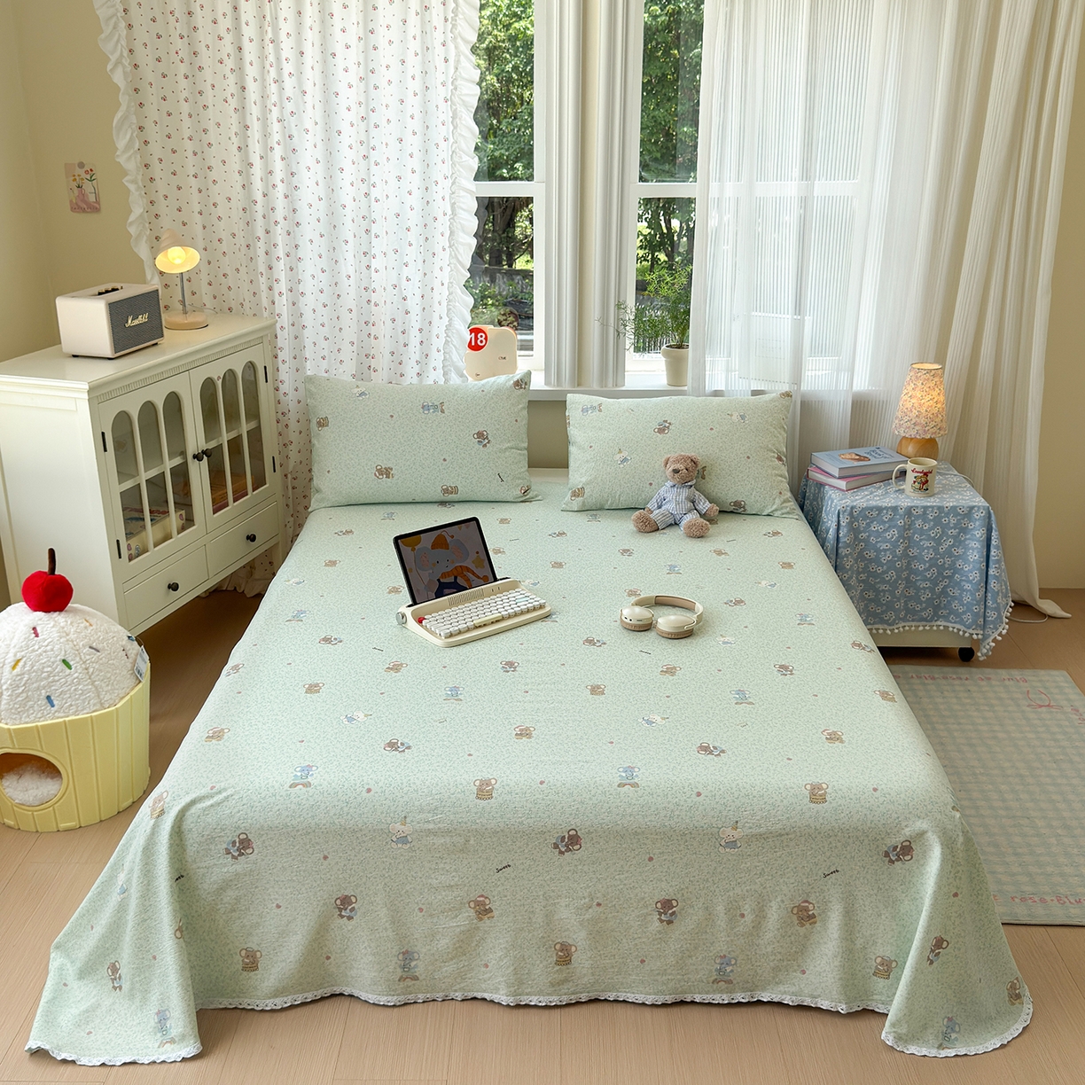 91家纺网 家纺一手货源 找家纺 沐芷 2025 A类双层纱花边床单单件 单人双人床单三件套 幸运小象