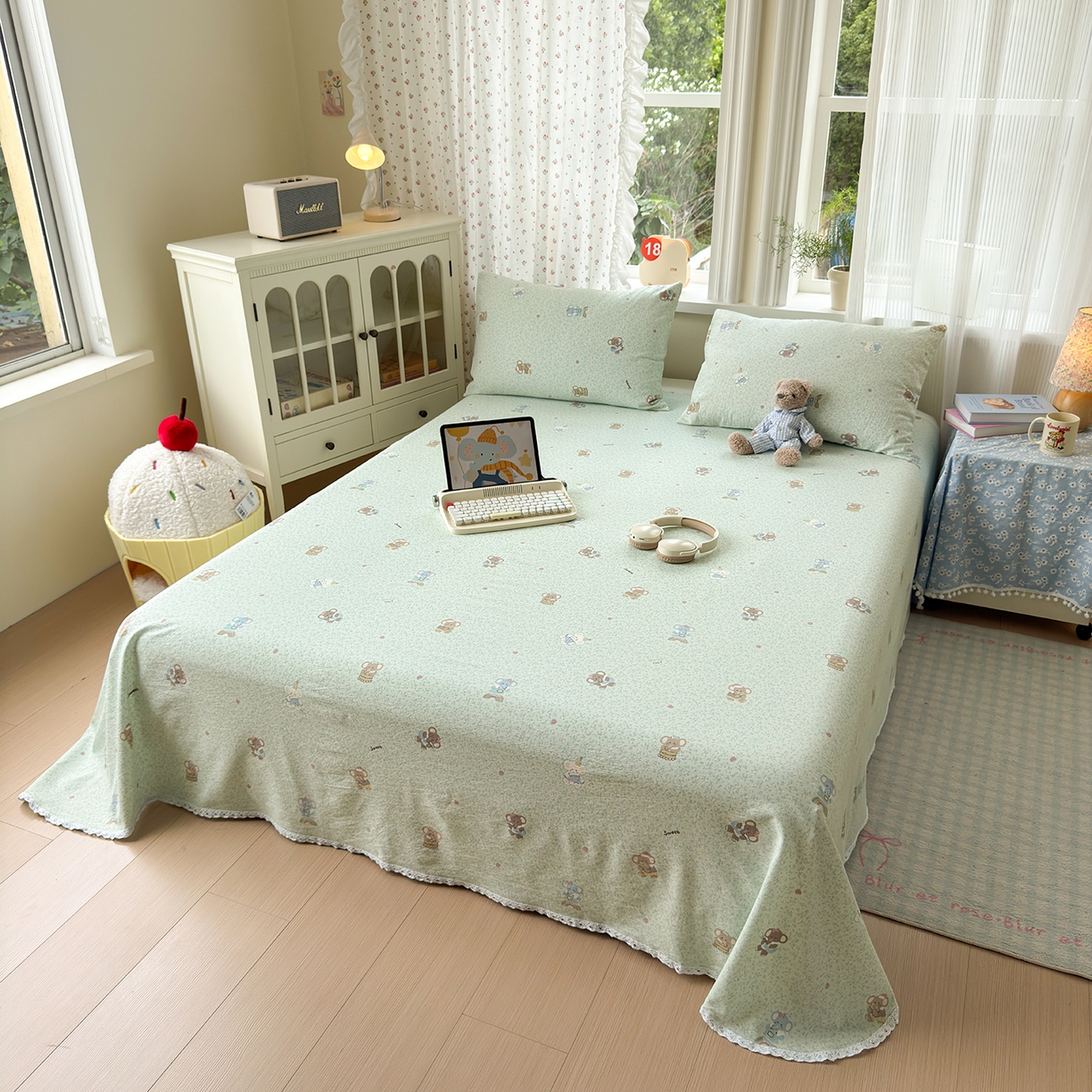 91家纺网 家纺一手货源 找家纺 沐芷 2025 A类双层纱花边床单单件 单人双人床单三件套 幸运小象