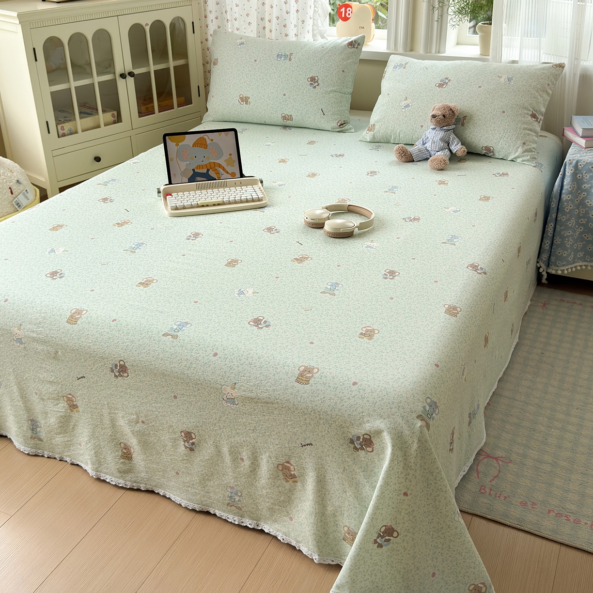 91家纺网 家纺一手货源 找家纺 沐芷 2025 A类双层纱花边床单单件 单人双人床单三件套 幸运小象