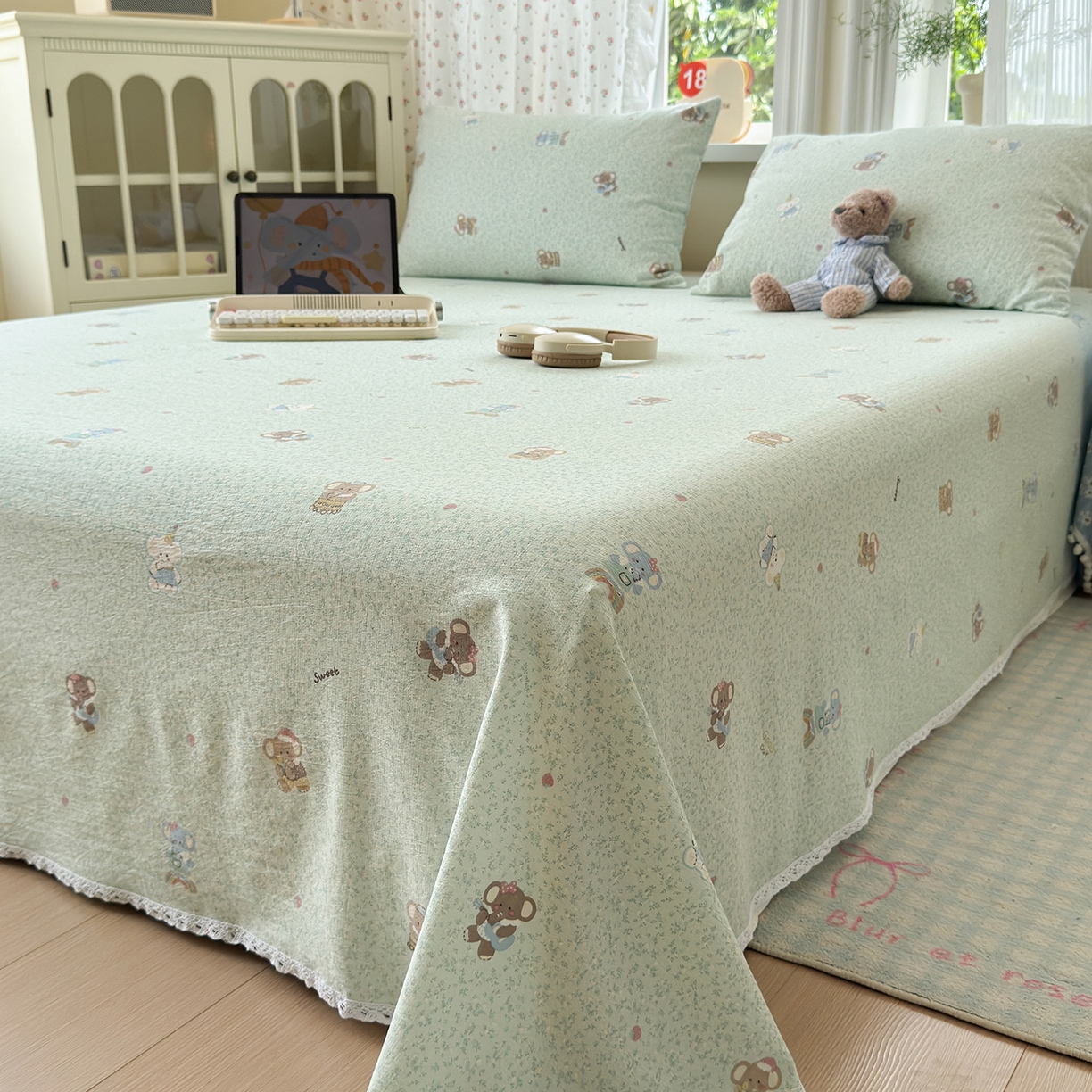 91家纺网 家纺一手货源 找家纺 沐芷 2025 A类双层纱花边床单单件 单人双人床单三件套 幸运小象