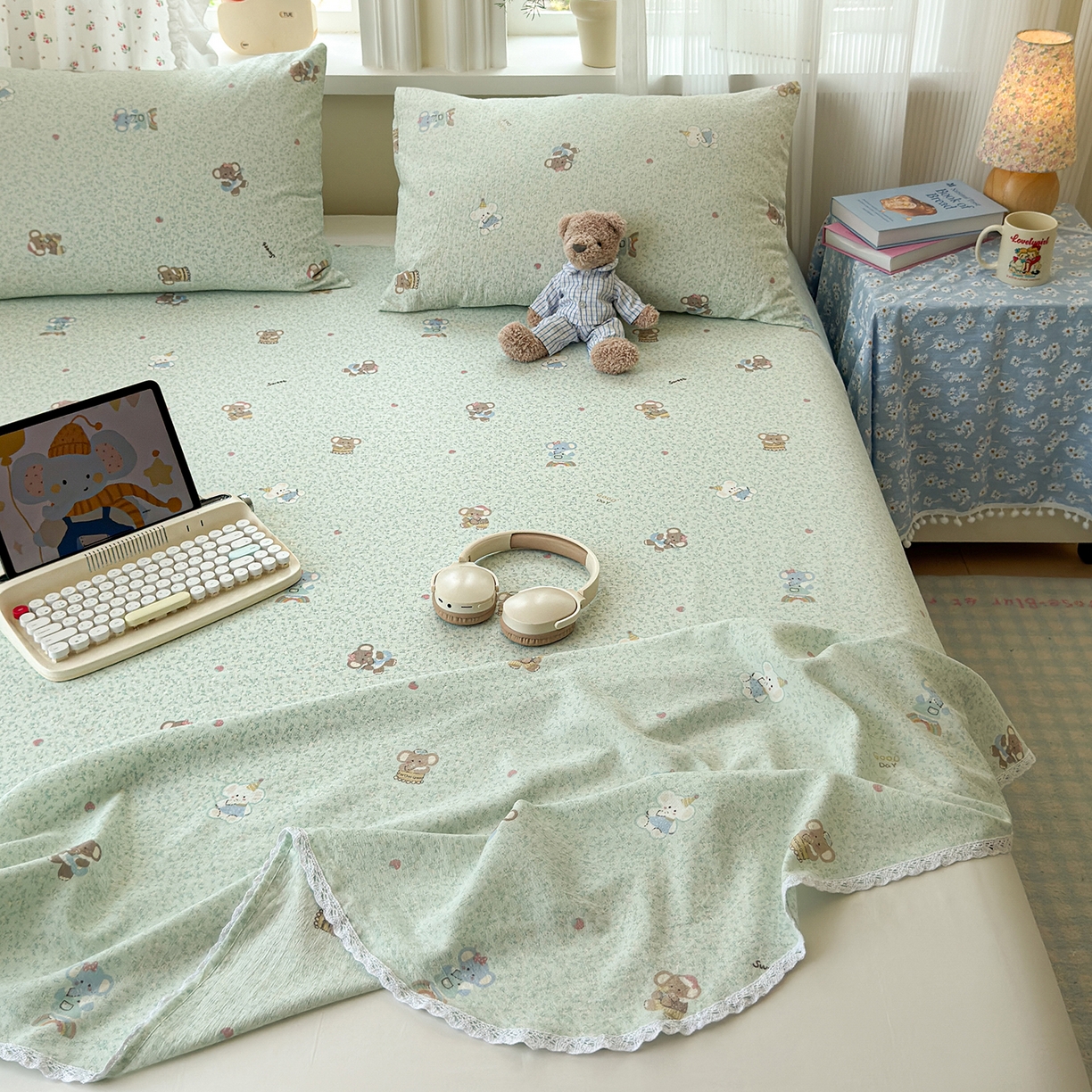 91家纺网 家纺一手货源 找家纺 沐芷 2025 A类双层纱花边床单单件 单人双人床单三件套 幸运小象