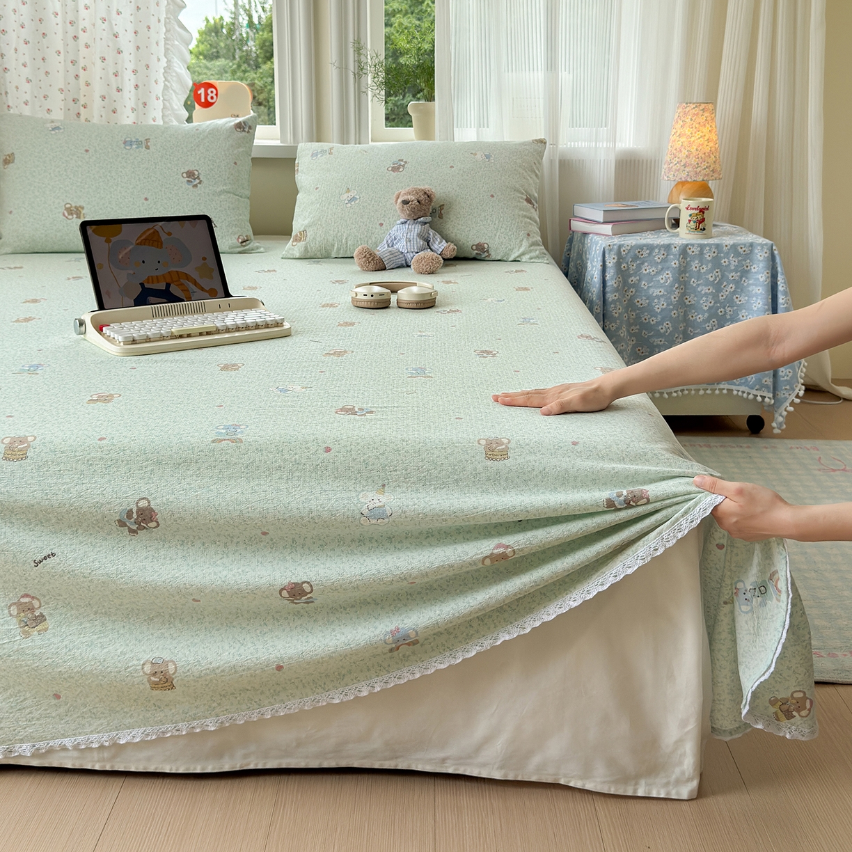 91家纺网 家纺一手货源 找家纺 沐芷 2025 A类双层纱花边床单单件 单人双人床单三件套 幸运小象