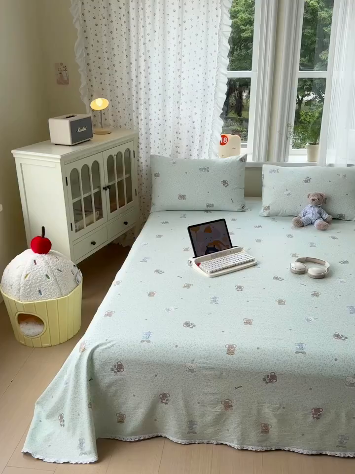 91家纺网 家纺一手货源 找家纺 沐芷 2025 A类双层纱花边床单单件 单人双人床单三件套 幸运小象