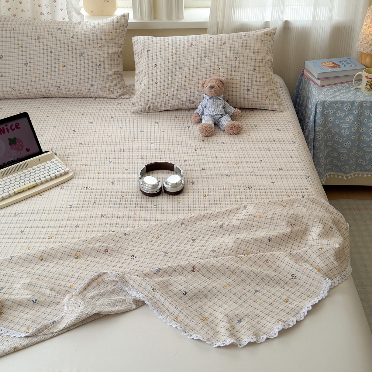 91家纺网 家纺一手货源 找家纺 沐芷 2025 A类双层纱花边床单单件 单人双人床单三件套 郁见