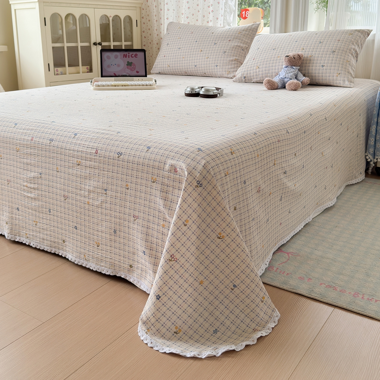 91家纺网 家纺一手货源 找家纺 沐芷 2025 A类双层纱花边床单单件 单人双人床单三件套 郁见