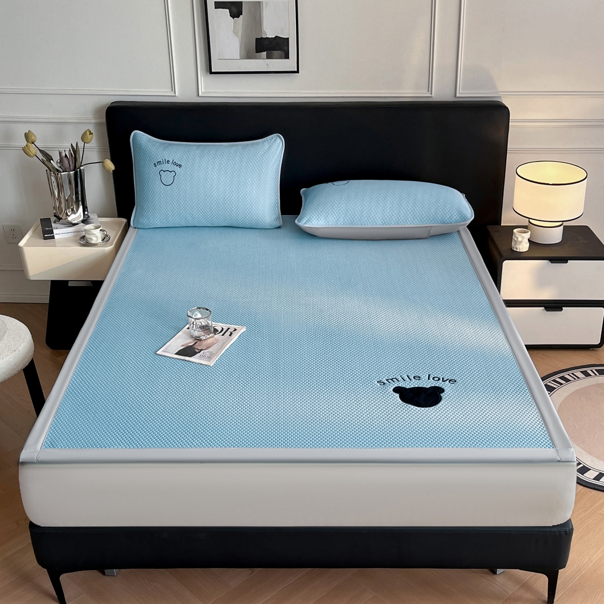 91家纺网 家纺一手货源 找家纺 奇丝雅2025新款冰豆豆凉席冰丝床单单件冰丝席家用单人学生宿舍上下铺寝室-成人款 八宝熊  -蓝