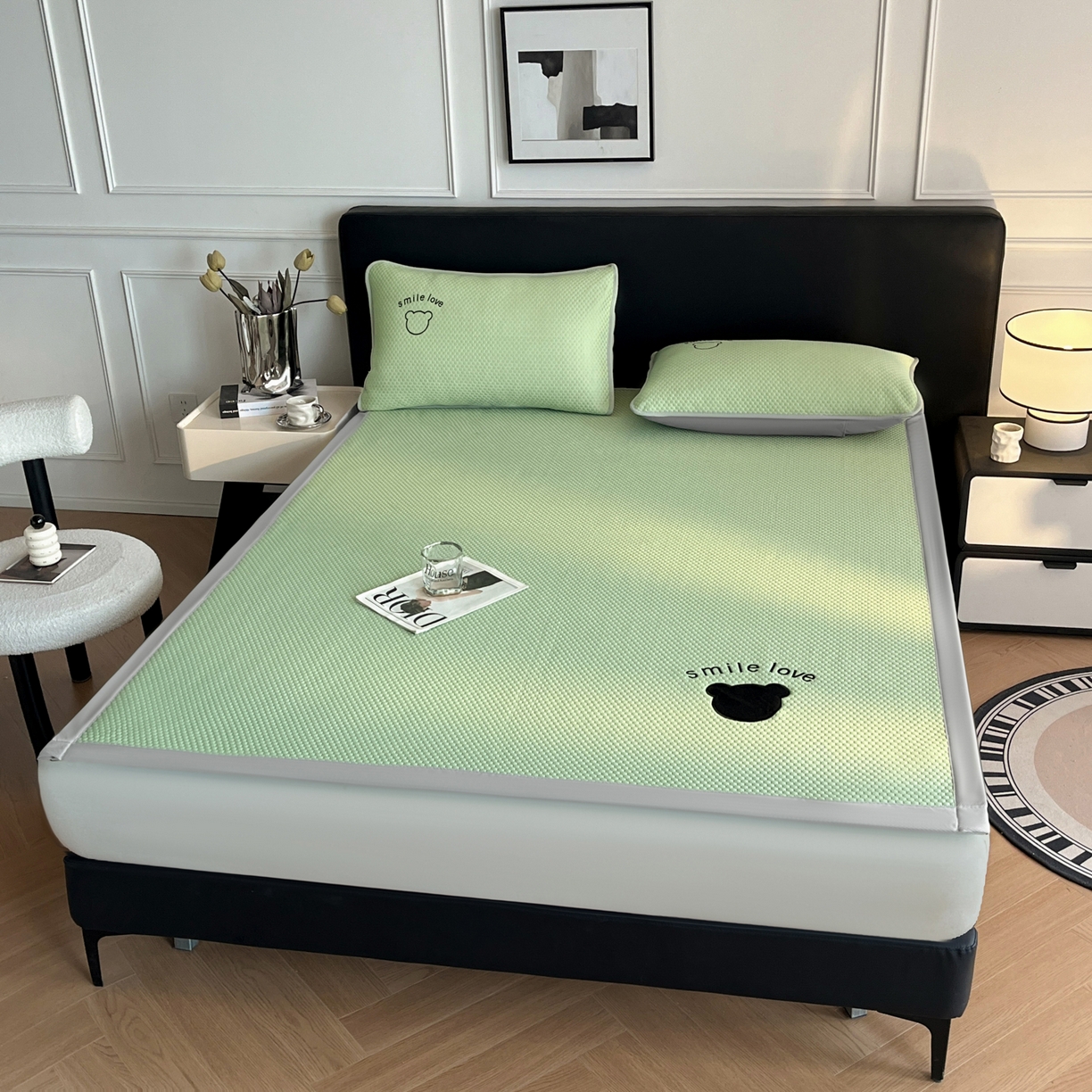 91家纺网 家纺一手货源 找家纺 奇丝雅2025新款冰豆豆凉席冰丝床单单件冰丝席家用单人学生宿舍上下铺寝室-成人款 八宝熊  -绿