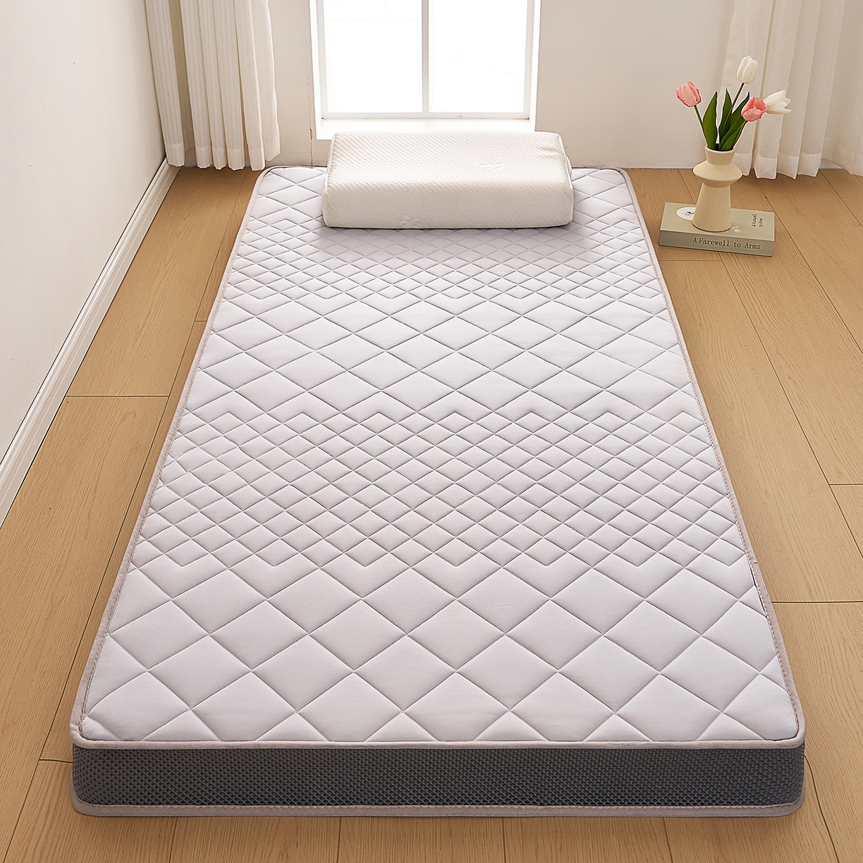 91家纺网 家纺一手货源 找家纺 奇丝雅 2025新款牛奶丝学生宿舍床上下铺专用加厚记忆棉海绵立体乳胶床垫【高密记忆棉】菱格-灰（9公分）