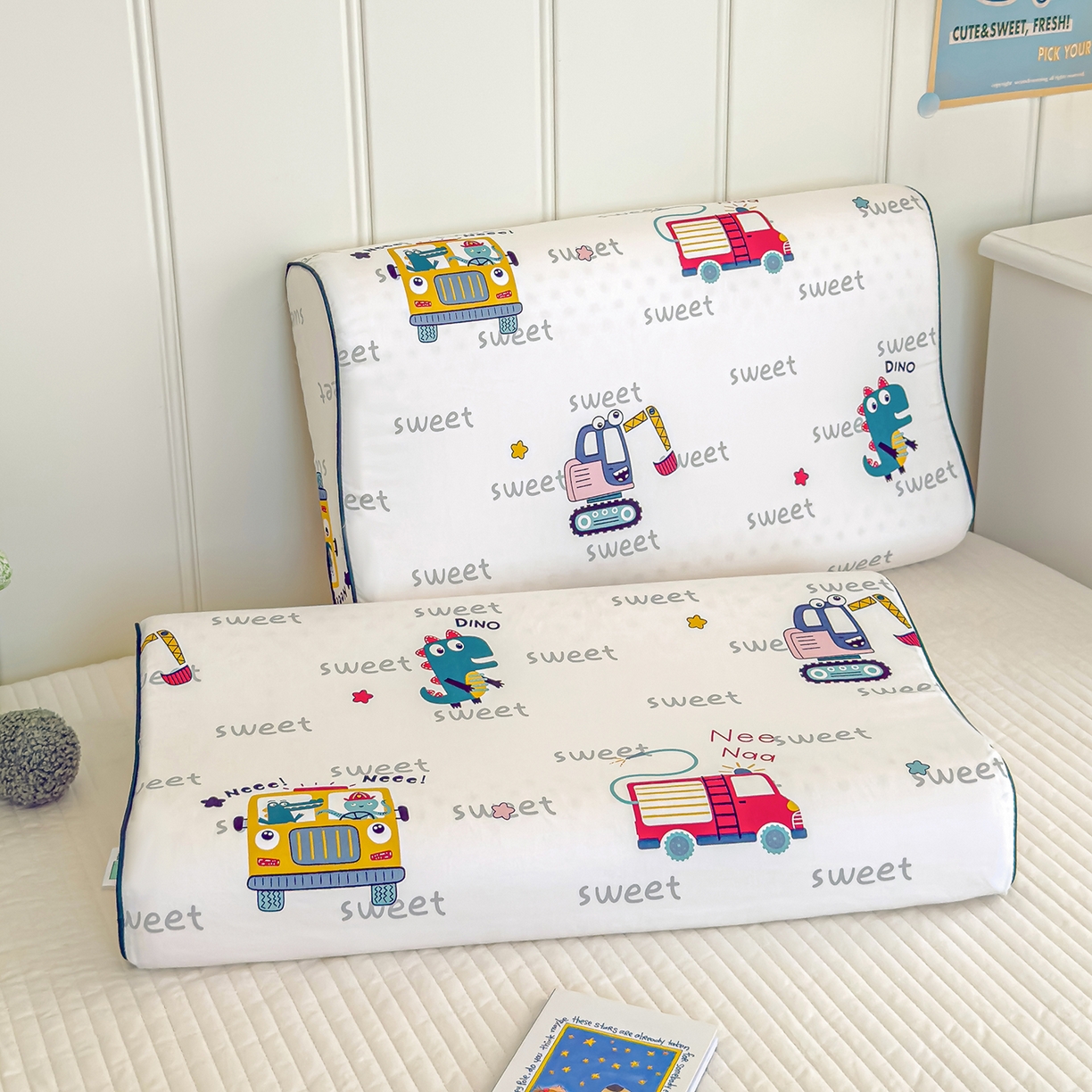 良佐生活 2025新款A类60s全棉贡缎乳胶枕套 恐龙滴滴车