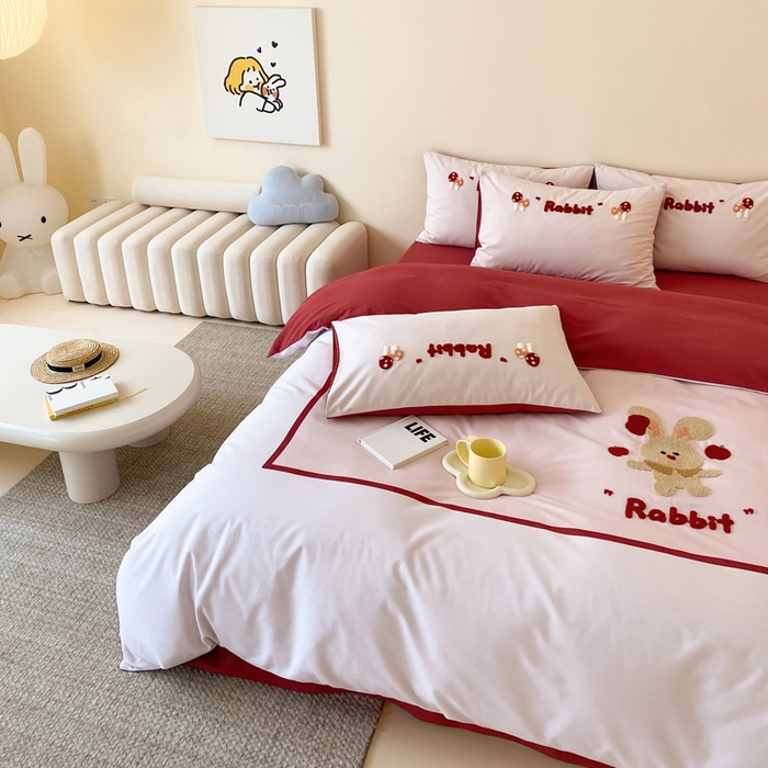 91家纺网 家纺一手货源 找家纺 麦田家纺 2025秋冬新款加厚磨毛大版毛巾绣四件套-提供买家秀 杂耍兔