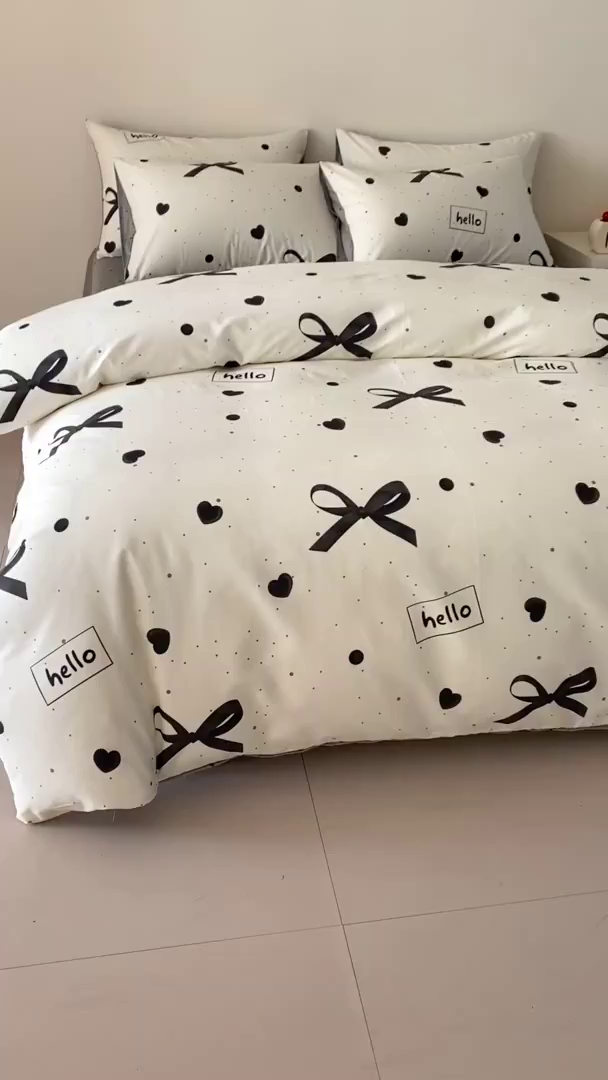 91家纺网 家纺一手货源 找家纺 麦田家纺 2025新款40支13372全棉独版印花吊边床单款四件套（提供买家秀）普通款 蝴蝶结