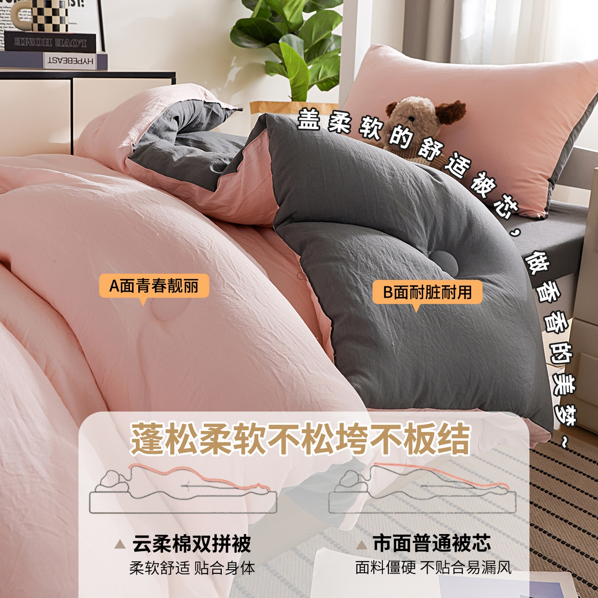 91家纺网 家纺一手货源 找家纺 益多眠 2025新款双拼云朵被冬被被子被芯 双拼系列-粉色+深灰