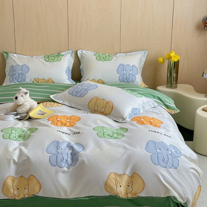 91家纺网 家纺一手货源 找家纺 麦田家纺 2025新款40支13372全棉独版印花吊边床单款四件套（提供买家秀）吊边床单款 小象珊澜