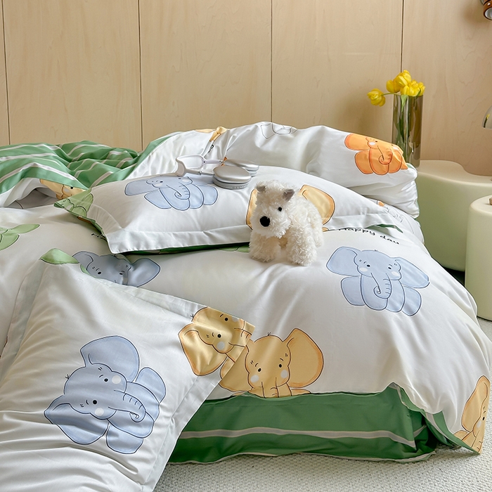 91家纺网 家纺一手货源 找家纺 麦田家纺 2025新款40支13372全棉独版印花吊边床单款四件套（提供买家秀）吊边床单款 小象珊澜