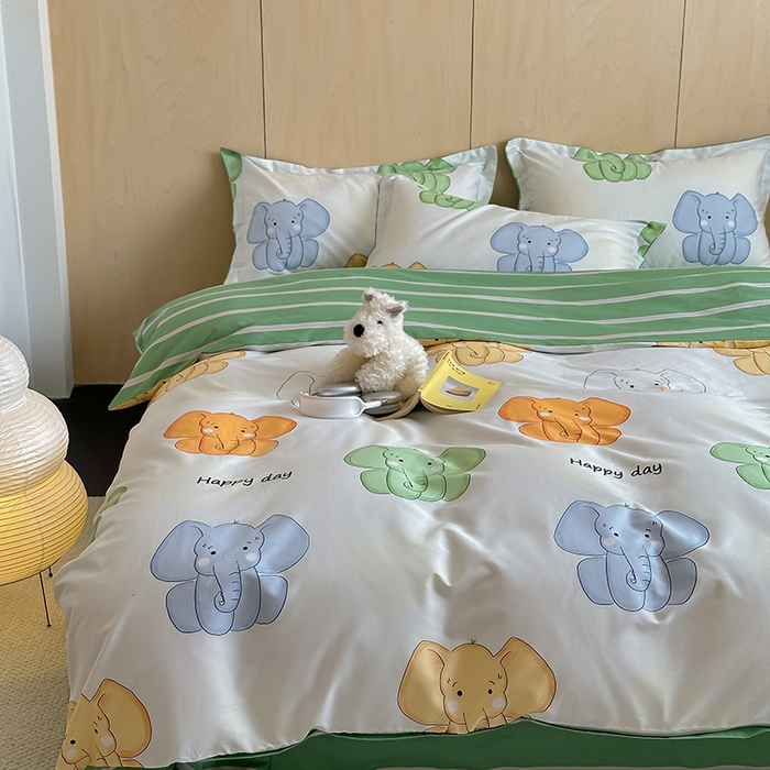 91家纺网 家纺一手货源 找家纺 麦田家纺 2025新款40支13372全棉独版印花吊边床单款四件套（提供买家秀）吊边床单款 小象珊澜