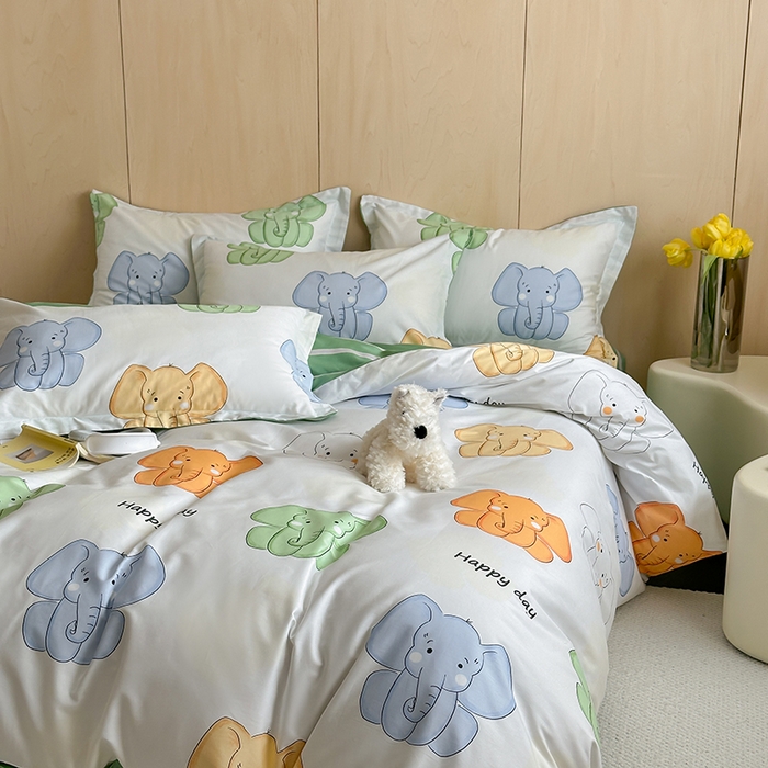 91家纺网 家纺一手货源 找家纺 麦田家纺 2025新款40支13372全棉独版印花吊边床单款四件套（提供买家秀）吊边床单款 小象珊澜