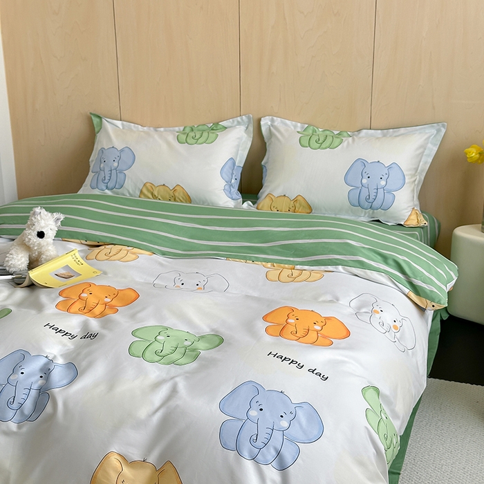 91家纺网 家纺一手货源 找家纺 麦田家纺 2025新款40支13372全棉独版印花吊边床单款四件套（提供买家秀）吊边床单款 小象珊澜