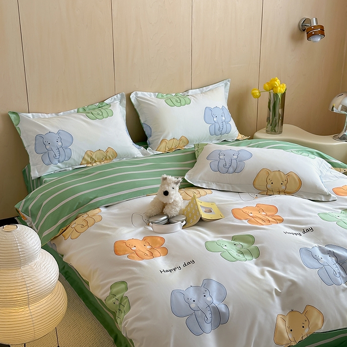 91家纺网 家纺一手货源 找家纺 麦田家纺 2025新款40支13372全棉独版印花吊边床单款四件套（提供买家秀）吊边床单款 小象珊澜