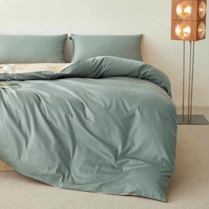 91家纺网 家纺一手货源 找家纺 麦田家纺 2025新款100S长绒棉贡缎纯色四件套（提供买家秀） 水绿-棕色