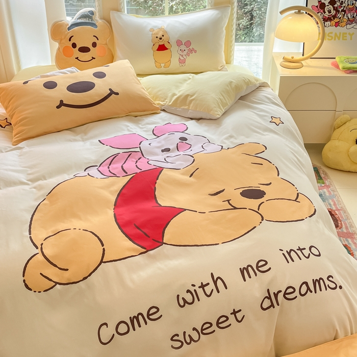 91家纺网 家纺一手货源 找家纺 麦田家纺 2025新款全棉迪士尼大板印花卡通四件套 晚安维尼