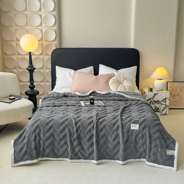 穆琪2025新款轻奢盖毯高克重多层提花绵柔绒保暖毛毯绵密亲肤沙发毯休闲小毯子 陨石灰