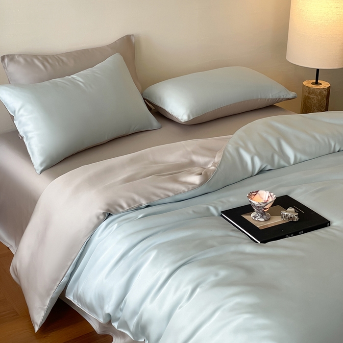 91家纺网 家纺一手货源 找家纺 麦田家纺 2025新款A类60S纯色兰精天丝四件套 映霜蓝-霜华银