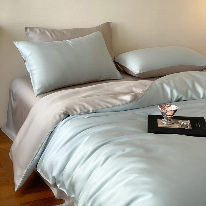 91家纺网 家纺一手货源 找家纺 麦田家纺 2025新款A类60S纯色兰精天丝四件套 映霜蓝-霜华银