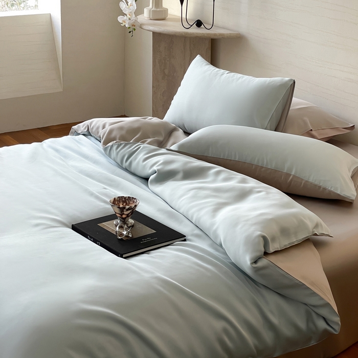 91家纺网 家纺一手货源 找家纺 麦田家纺 2025新款A类60S纯色兰精天丝四件套 映霜蓝-霜华银