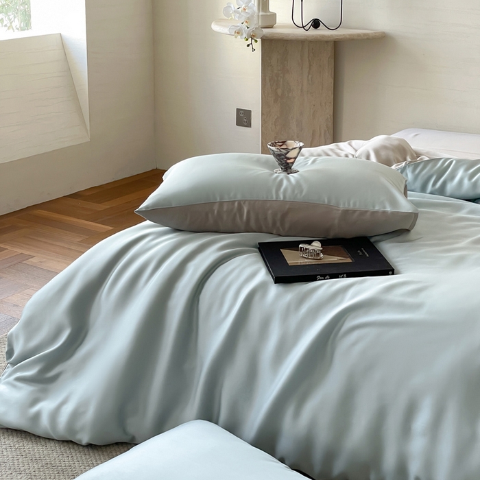 91家纺网 家纺一手货源 找家纺 麦田家纺 2025新款A类60S纯色兰精天丝四件套 映霜蓝-霜华银