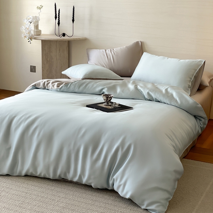 91家纺网 家纺一手货源 找家纺 麦田家纺 2025新款A类60S纯色兰精天丝四件套 映霜蓝-霜华银