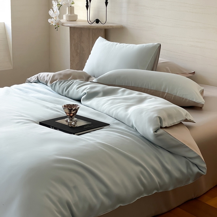 91家纺网 家纺一手货源 找家纺 麦田家纺 2025新款A类60S纯色兰精天丝四件套 映霜蓝-霜华银