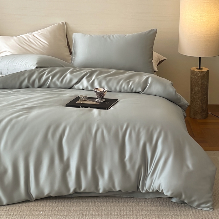 91家纺网 家纺一手货源 找家纺 麦田家纺 2025新款A类60S纯色兰精天丝四件套 云纱灰