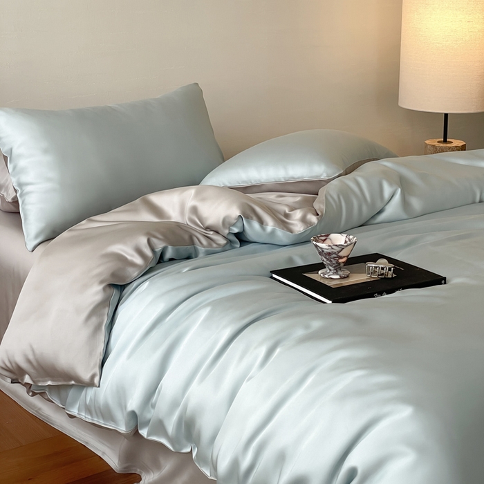 91家纺网 家纺一手货源 找家纺 麦田家纺 2025新款A类60S纯色兰精天丝四件套 映霜蓝-霜华银