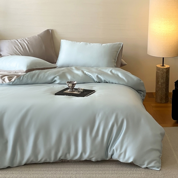 91家纺网 家纺一手货源 找家纺 麦田家纺 2025新款A类60S纯色兰精天丝四件套 映霜蓝-霜华银