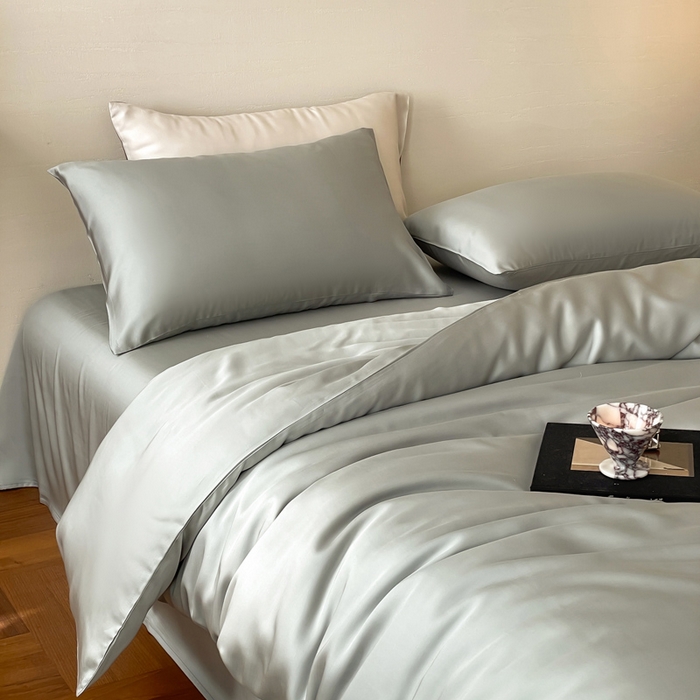 91家纺网 家纺一手货源 找家纺 麦田家纺 2025新款A类60S纯色兰精天丝四件套 云纱灰