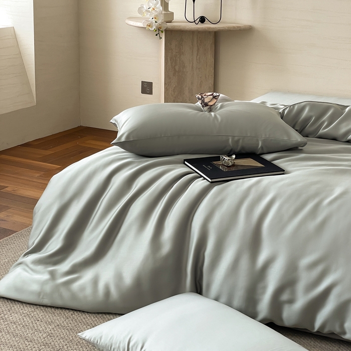 91家纺网 家纺一手货源 找家纺 麦田家纺 2025新款A类60S纯色兰精天丝四件套 云纱灰