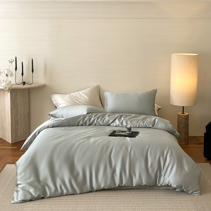 91家纺网 家纺一手货源 找家纺 麦田家纺 2025新款A类60S纯色兰精天丝四件套 云纱灰